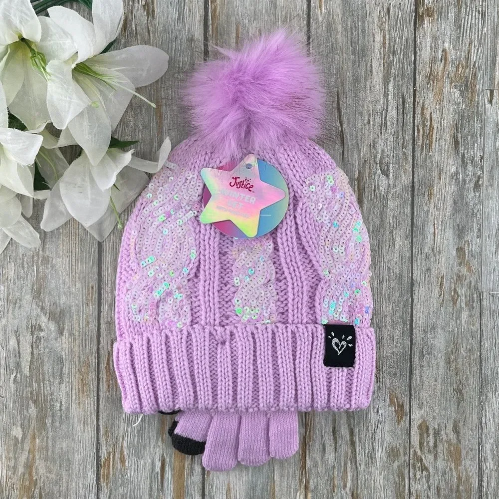 Girls Justice Sequin Cable Knit Hat and Gloves Set Pink 2-Pack